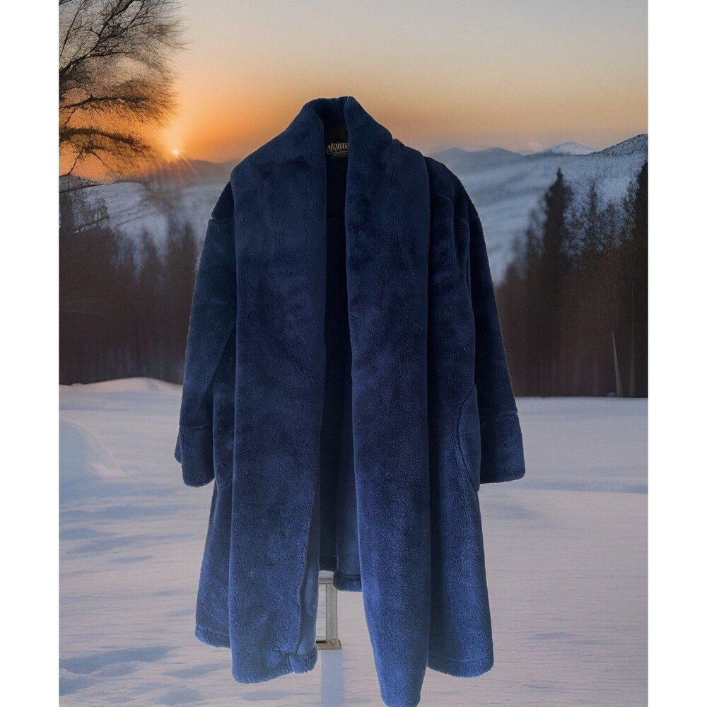 VTG Monterey Fashions Faux Fur Coat XL Blue Plush Mid Length Made USA Mob Boss